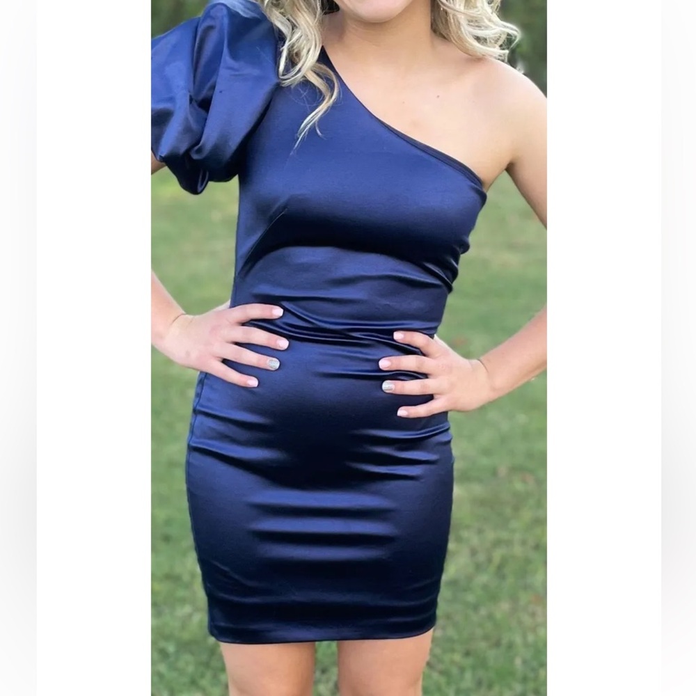 Macy's Blue Asymmetrical One-Shoulder Puff Sleeve Dress